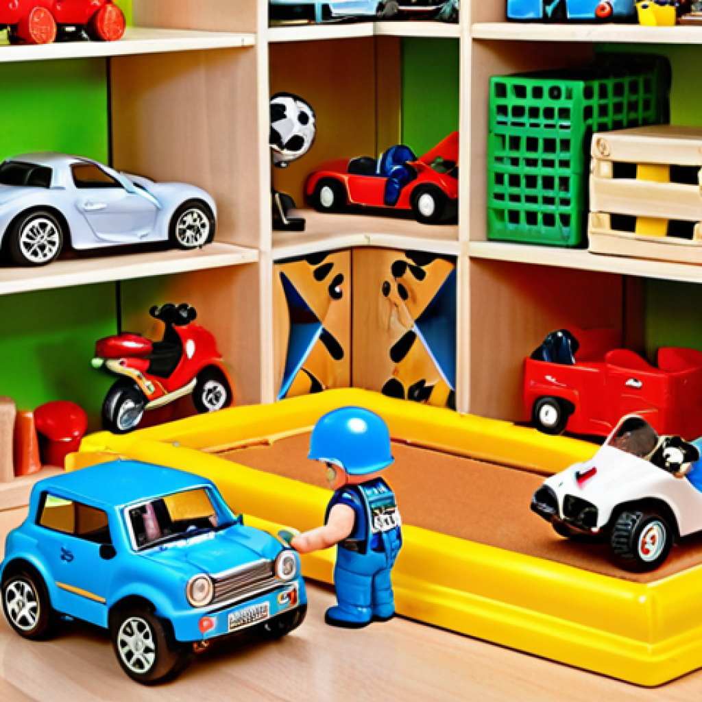**

A vibrant, eye-level shot inside a well-organized German "Kinderzimmer" (children's room). The focus is on a child happily playing with a Mini Force Hauptquartier (headquarters) playset.  Scattered around are Mini Force vehicles (Auto, Motorrad, Bär), and a box with Kleinteile (small parts) for other figures.  Good lighting, emphasizing the colorful nature of the toys and the joy of play. The CE-Zeichen is visible on the box of one of the toys.

**