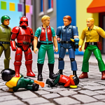 **

Prompt: "A group of 'Mini Force' characters in action poses, vibrant colors, dynamic background, showcasing teamwork and transformation, appealing to children. German setting, possibly a park or city street. Merchandise toys scattered around, like action figures and cards."

**