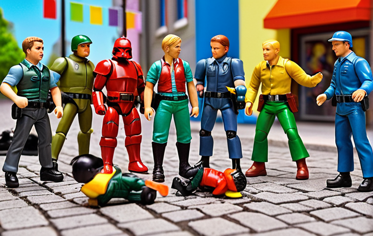 **

Prompt: "A group of 'Mini Force' characters in action poses, vibrant colors, dynamic background, showcasing teamwork and transformation, appealing to children. German setting, possibly a park or city street. Merchandise toys scattered around, like action figures and cards."

**