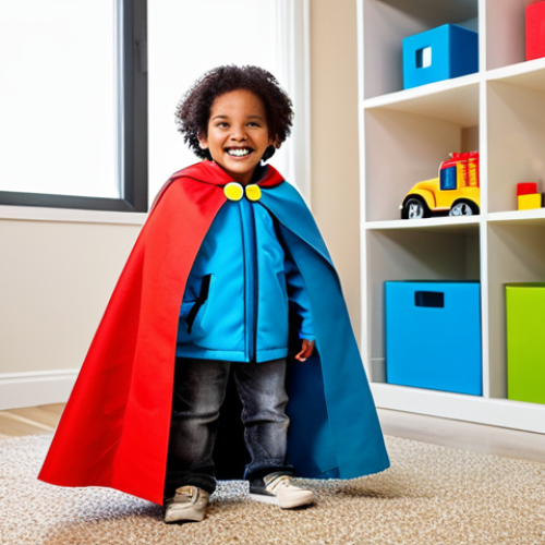 Home 7 A happy young child, approximately 6 years old, fully clothed in comfortable, appropriate attire, joyfully engaged in imaginative role-play within a brightly lit, modern playroom. The child is holding a simple, homemade prop like a colorful cardboard shield or a draped blanket forming a cape, embodying a sense of adventure and creativity. Toys and building blocks are neatly arranged in the background, suggesting a stimulating environment for play. The scene is captured with professional lifestyle photography, featuring vibrant colors, soft lighting, perfect anatomy, correct proportions, natural pose, well-formed hands, proper finger count, natural body proportions. safe for work, appropriate content, family-friendly.