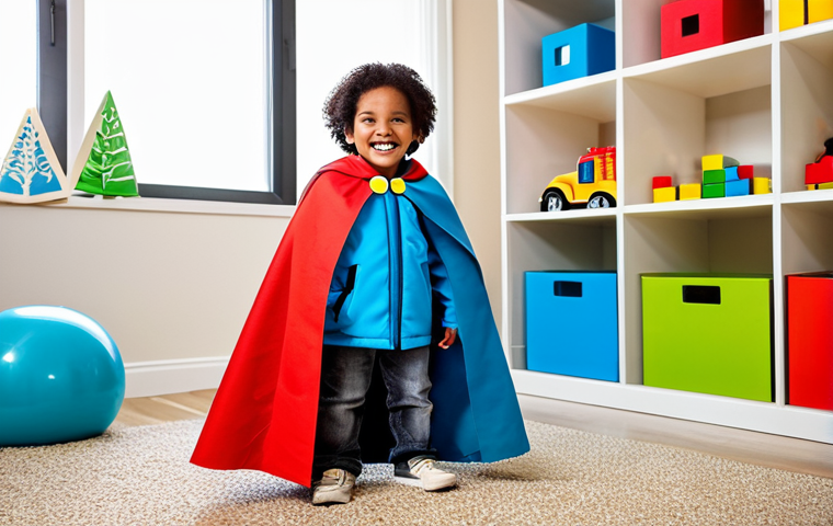 A happy young child, approximately 6 years old, fully clothed in comfortable, appropriate attire, joyfully engaged in imaginative role-play within a brightly lit, modern playroom. The child is holding a simple, homemade prop like a colorful cardboard shield or a draped blanket forming a cape, embodying a sense of adventure and creativity. Toys and building blocks are neatly arranged in the background, suggesting a stimulating environment for play. The scene is captured with professional lifestyle photography, featuring vibrant colors, soft lighting, perfect anatomy, correct proportions, natural pose, well-formed hands, proper finger count, natural body proportions. safe for work, appropriate content, family-friendly.