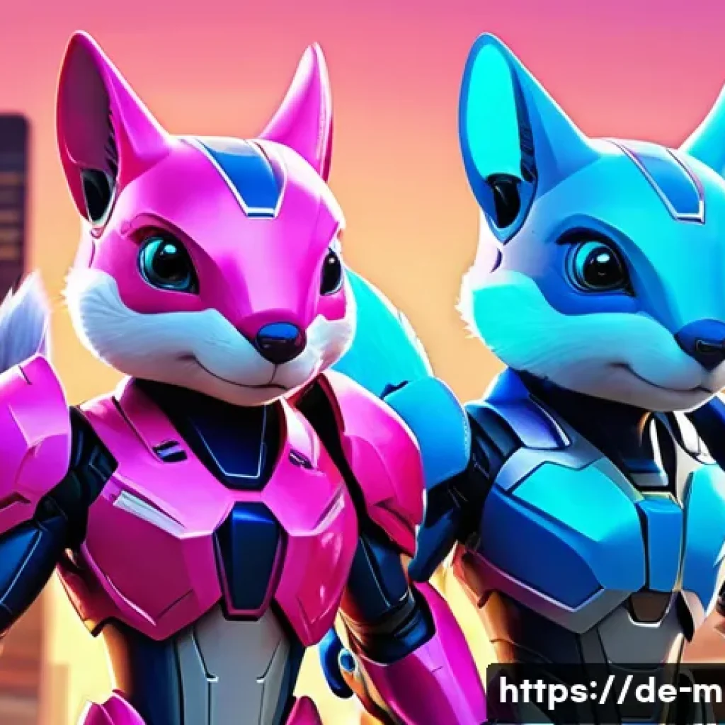 미니특공대 세계관 구성 분석 - **Prompt:** A vibrant, dynamic illustration of Miniforce heroes Volt (blue fox) and Lucy (pink squir...