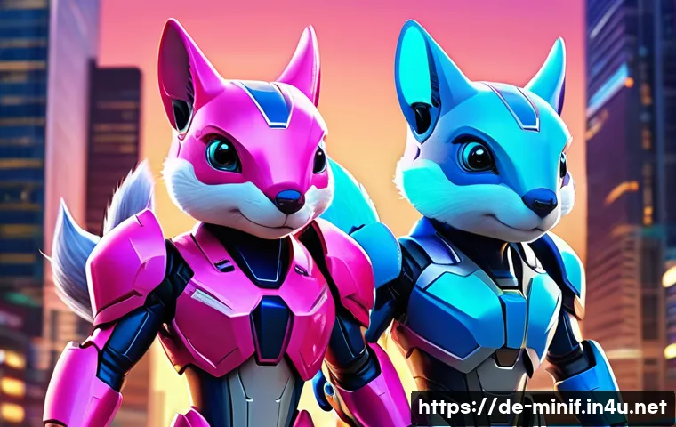 미니특공대 세계관 구성 분석 - **Prompt:** A vibrant, dynamic illustration of Miniforce heroes Volt (blue fox) and Lucy (pink squir...