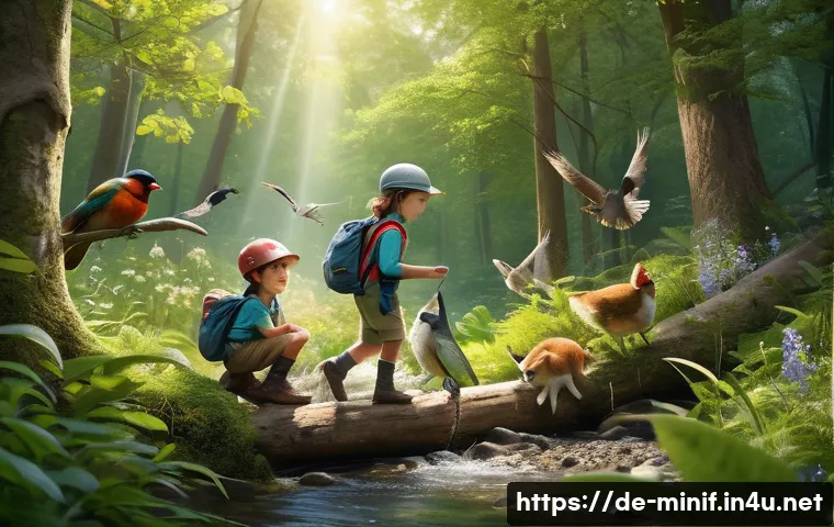 미니특공대 인기 에피소드 톱10 - A vibrant forest rescue scene featuring the Mini-Squad children wearing colorful, practical outdoor ...