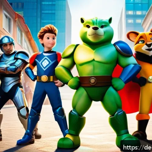 Home 30 미니특공대 트랜스포머와의 차이 - A vibrant, colorful scene featuring a group of heroic animal-themed characters in bright, child-frie...