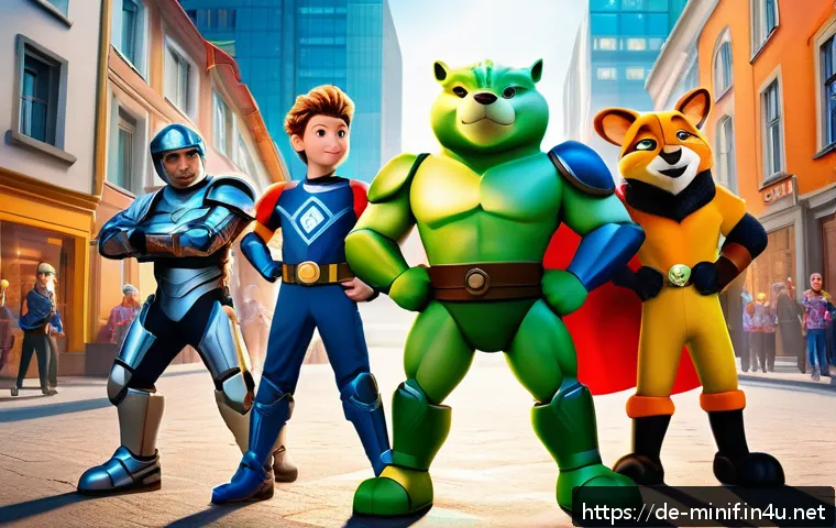 미니특공대 트랜스포머와의 차이 - A vibrant, colorful scene featuring a group of heroic animal-themed characters in bright, child-frie...