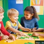 Home 23 미니특공대의 교육적 메시지 - A small group of diverse children aged around 6 to 8, wearing colorful casual clothes and age-approp...